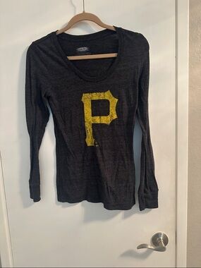 Black Long Sleeve Tee with Distressed Yellow 'P' Pirates baseball shirt.